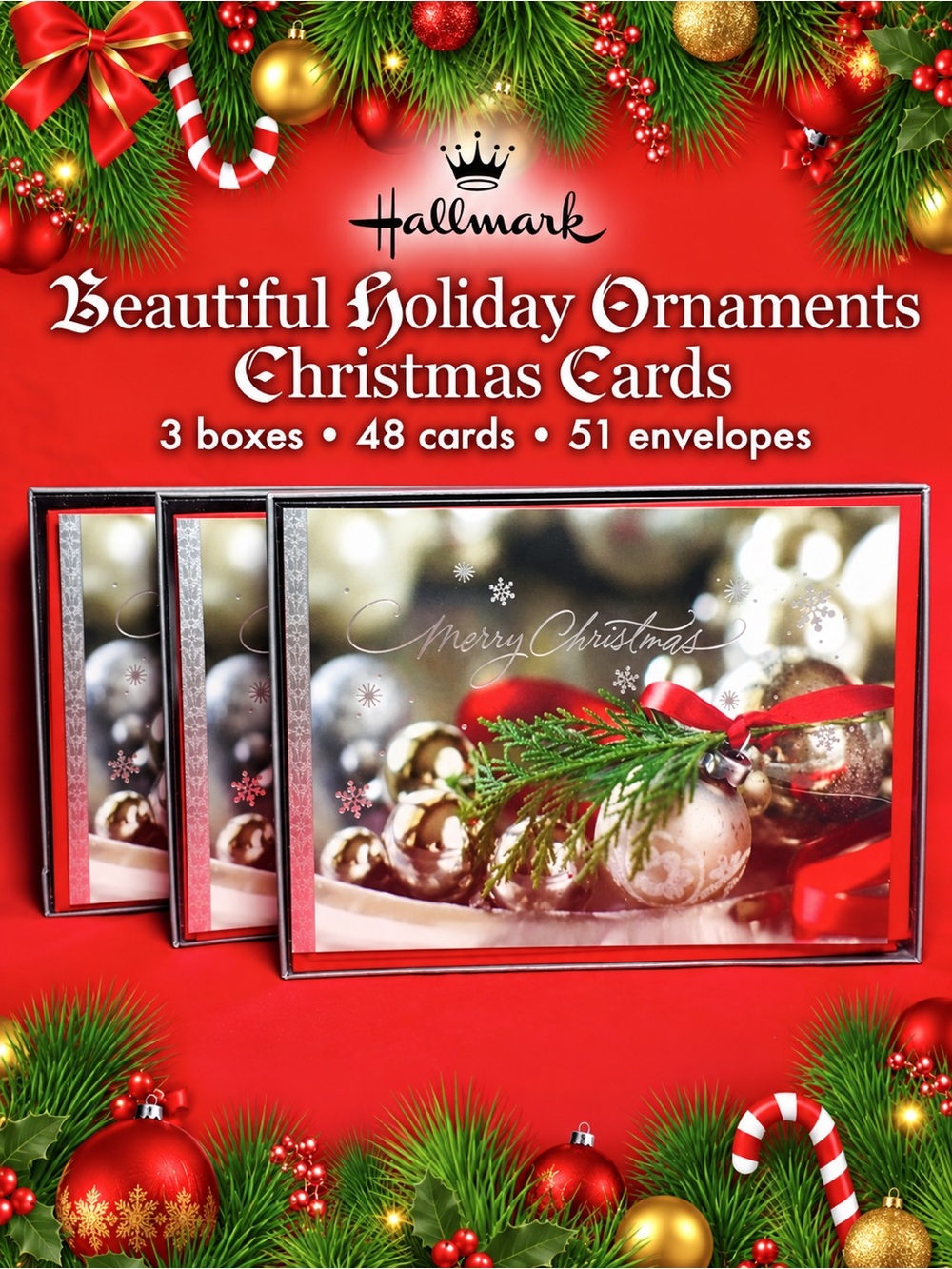 Hallmark Festive Ornaments Christmas Cards - Red, Silver, Gold